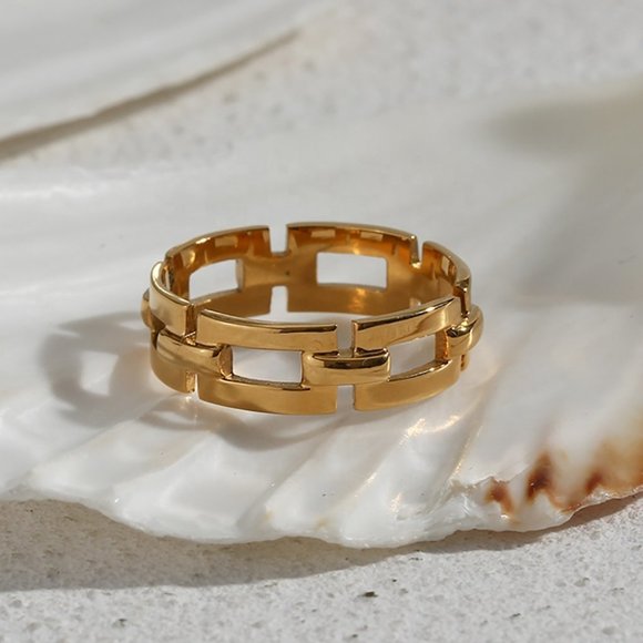 Rectangular Geometric Chain 18K Gold Plated Stainless Steel Ring - Picture 6 of 12